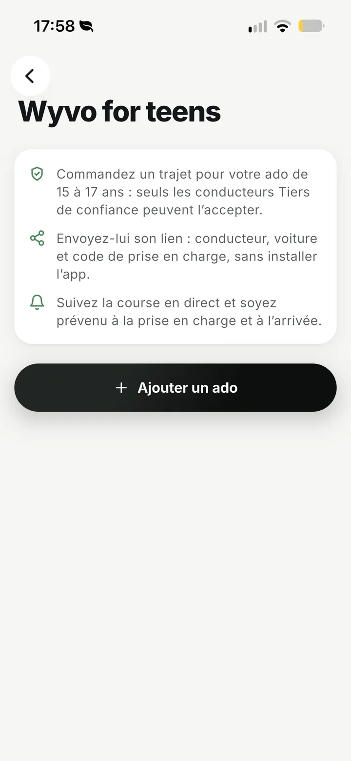 Écran Wyvo for teens : ajouter un ado